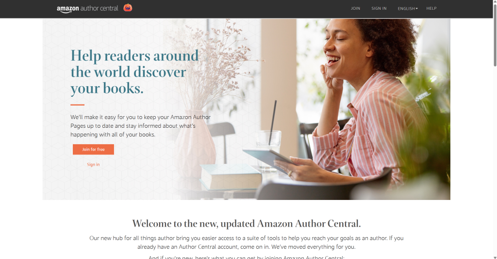 A screenshot from Amazon's Author Central website. It shows the home page, where users can sign in or sign up.