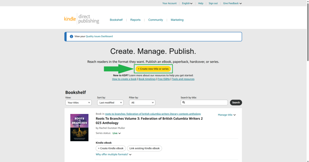 A screenshot of the KDP Bookshelf page. The '+ Create new title of series' button is highlighted in green. 