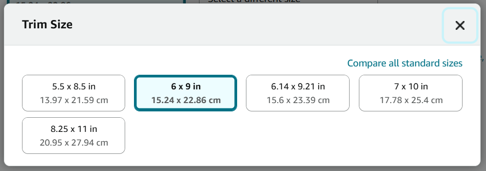 Screenshot of KDP hardback trim sizes. 

Option 1: 5.5 x 8.5 in (13.97 x 21.59 cm). Option 2: 6 x 9 in (15.24 x 22.86 cm). Option 3: 6.14 x 9.21 in (15.6 x 23.39 cm). Option 4: 7 x 10 in (17.78 x 25.4 cm). Option 5: 8.25 x 11 in (20.95 x 27.94 cm). 