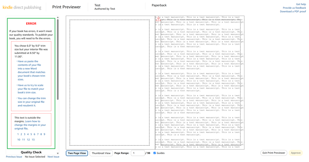 A screenshot from the KDP Previewer tool. Along the left side of the screen are errors the tool has picked up. This section has been highlighted in green.
Taking up the majority of the screen is the preview of our example book's interior. There is an error sign because the text is beyond the trim lines.