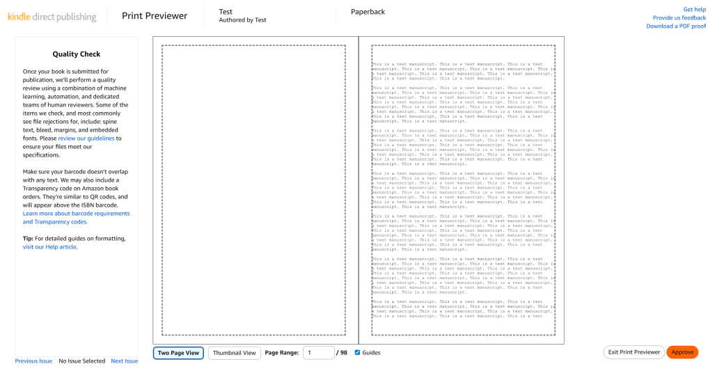 A screenshot from the KDP Previewer tool, following its automatic correction of our text and trim issue. Along the left side of the screen are errors the tool has picked up.
Taking up the majority of the screen is the preview of our example book's interior. The text is now within the trim lines.