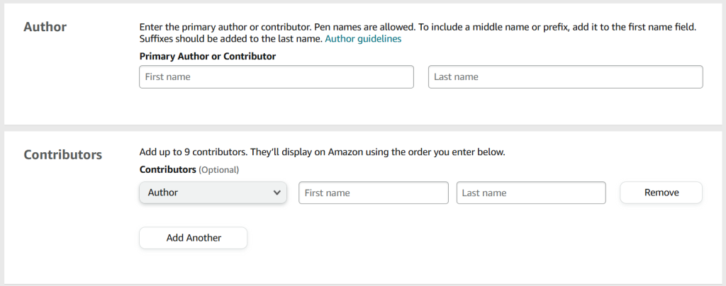 A screenshot from the KDP publishing process for an e-book. 

The first heading is 'Author' and there are spaces in which to fill in the Primary Author or Contributor. 

The second heading is 'Contributors' and there are spaces to fill in the names of any contributors. 