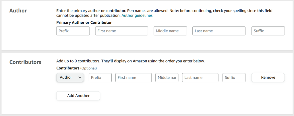 A screenshot from the KDP publishing process for a paperback or hardback. 

The first heading is 'Author' and there are spaces in which to fill in the Primary Author or Contributor. 

The second heading is 'Contributors' and there are spaces to fill in the names of any contributors. 