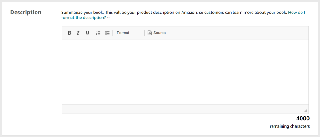 A screenshot from the KDP publishing process. The heading is 'Description' and there is a space to input and format a book description. It shows a total character limit of 40000. 