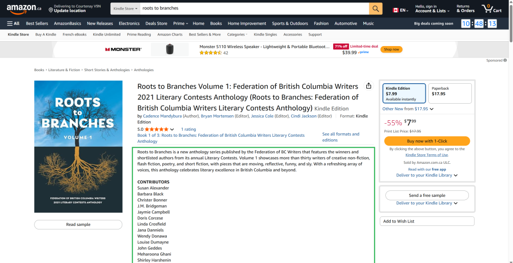 A screenshot from Amazon.ca, displaying the sales page for the FBCW's book, 'Roots to Branches Literary Contest Anthology'. The book's description is highlighted in green. 