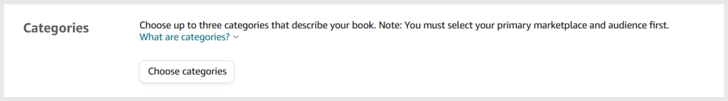 A screenshot from the KDP publishing process. The heading is 'Categories' and there is a button that says 'Choose categories'.