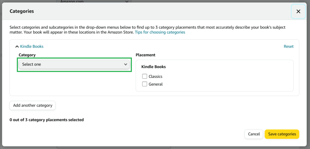 A screenshot from the KDP publishing process, displaying the Categories selection menu. The 'Select one' button under 'Category' has been highlighted in green.