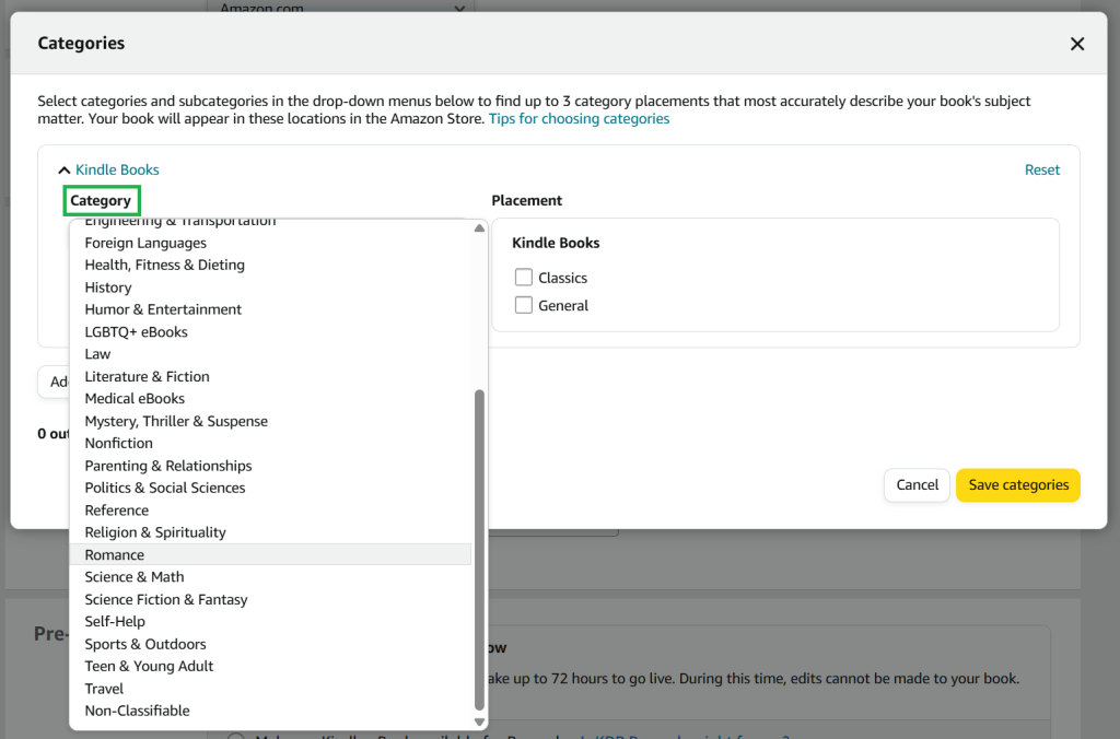A screenshot from the KDP publishing process, displaying the Categories selection menu. The 'Category' heading has been highlighted in green.