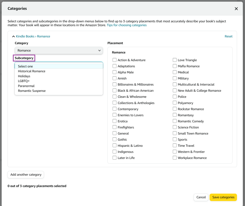 A screenshot from the KDP publishing process, displaying the Categories selection menu. The Category 'Romance' has been selected and the new 'Subcategory' heading is highlighted in purple.