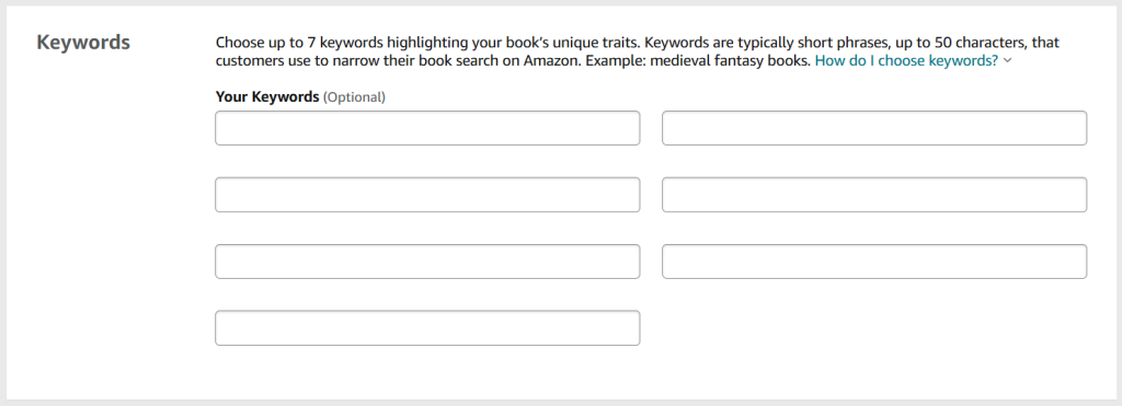 A screenshot from the KDP publishing process. The heading is 'Keywords' and there are seven empty boxes. 