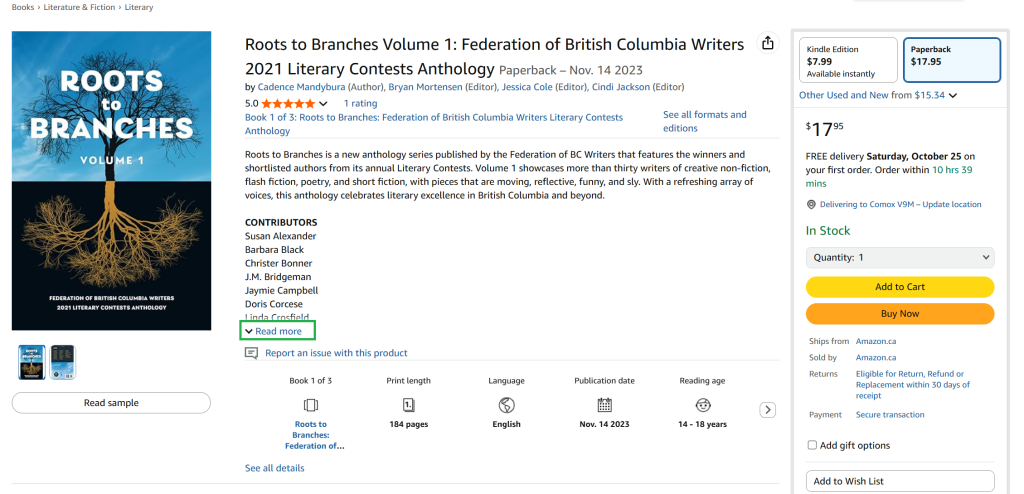 A screenshot from Amazon.ca, displaying the sales page for the FBCW's book, 'Roots to Branches Literary Contest Anthology'. The 'Read More' text at the bottom of the description is highlighted in green. 