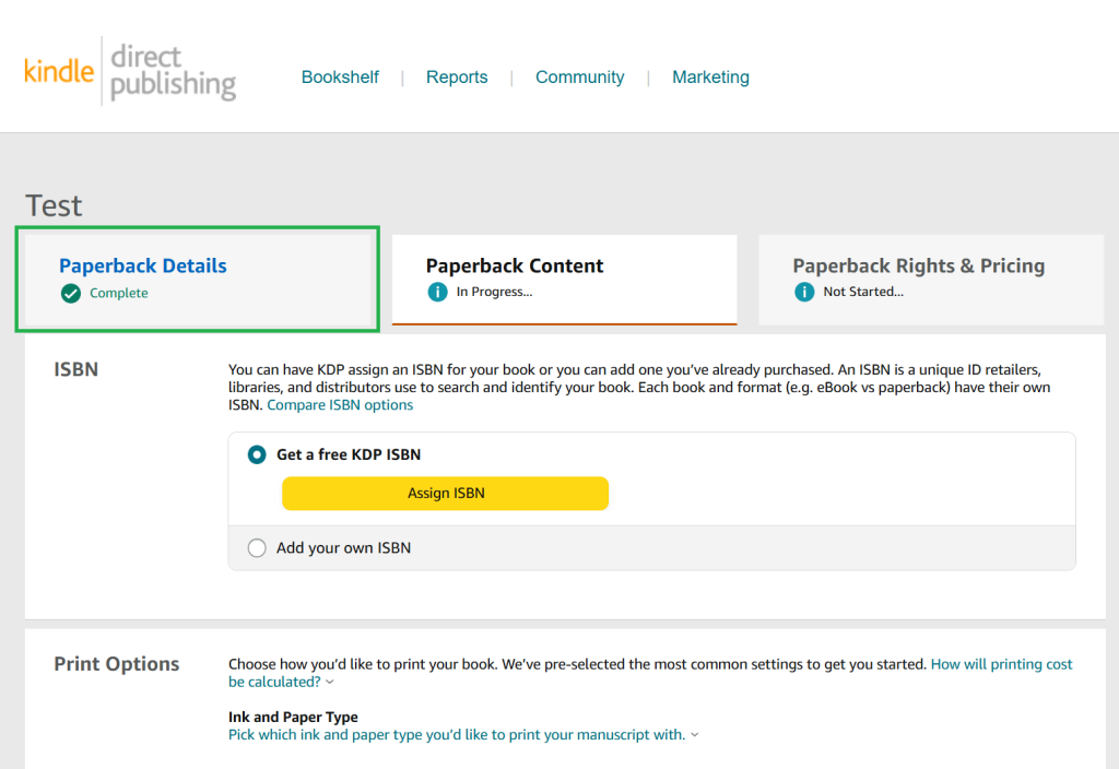 A screenshot from the KDP publishing process. The top of the page is displayed and the 'Paperback Details' tab has been highlighted in green. 