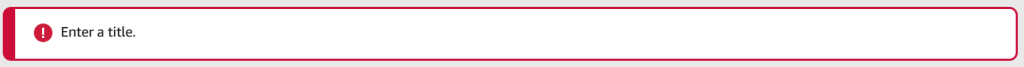 A screenshot from the KDP publishing process. It shows an example error message, with an exclamation mark circled in red and a warning to 'Enter a title'. 