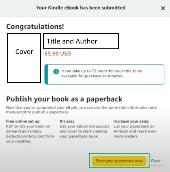 A screenshot from the A screenshot of the KDP bookshelf page, which shows published and in-progress books. The buttons to create different formats are highlighted in purple.