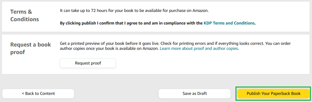 A screenshot from the KDP publishing process for paperback books. It shows the bottom of the page on the Pricing Tab, and the 'Publish Your Paperback Book' button is highlighted in green. 