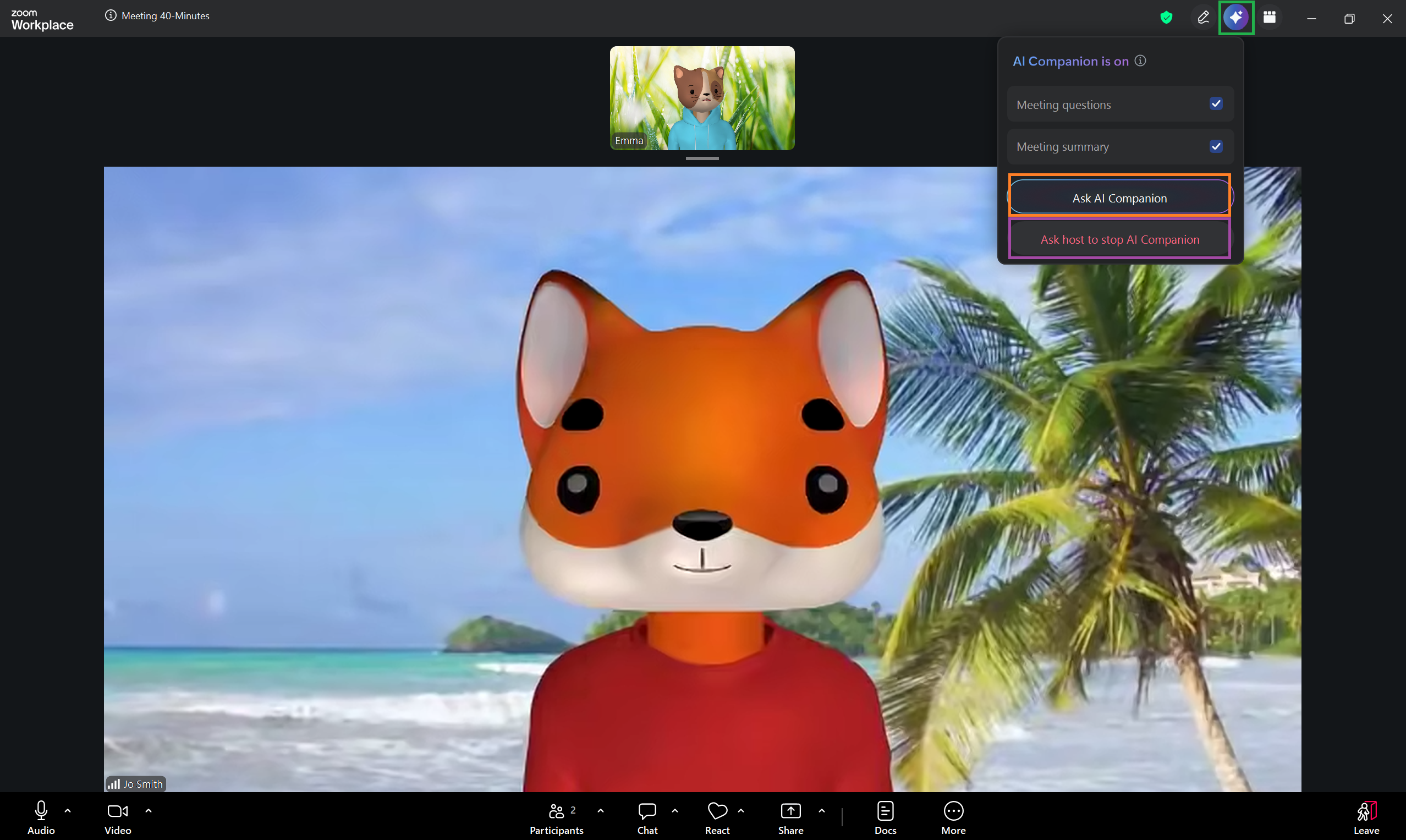 A screenshot of a Zoom meeting with the AI Companion menu open. 