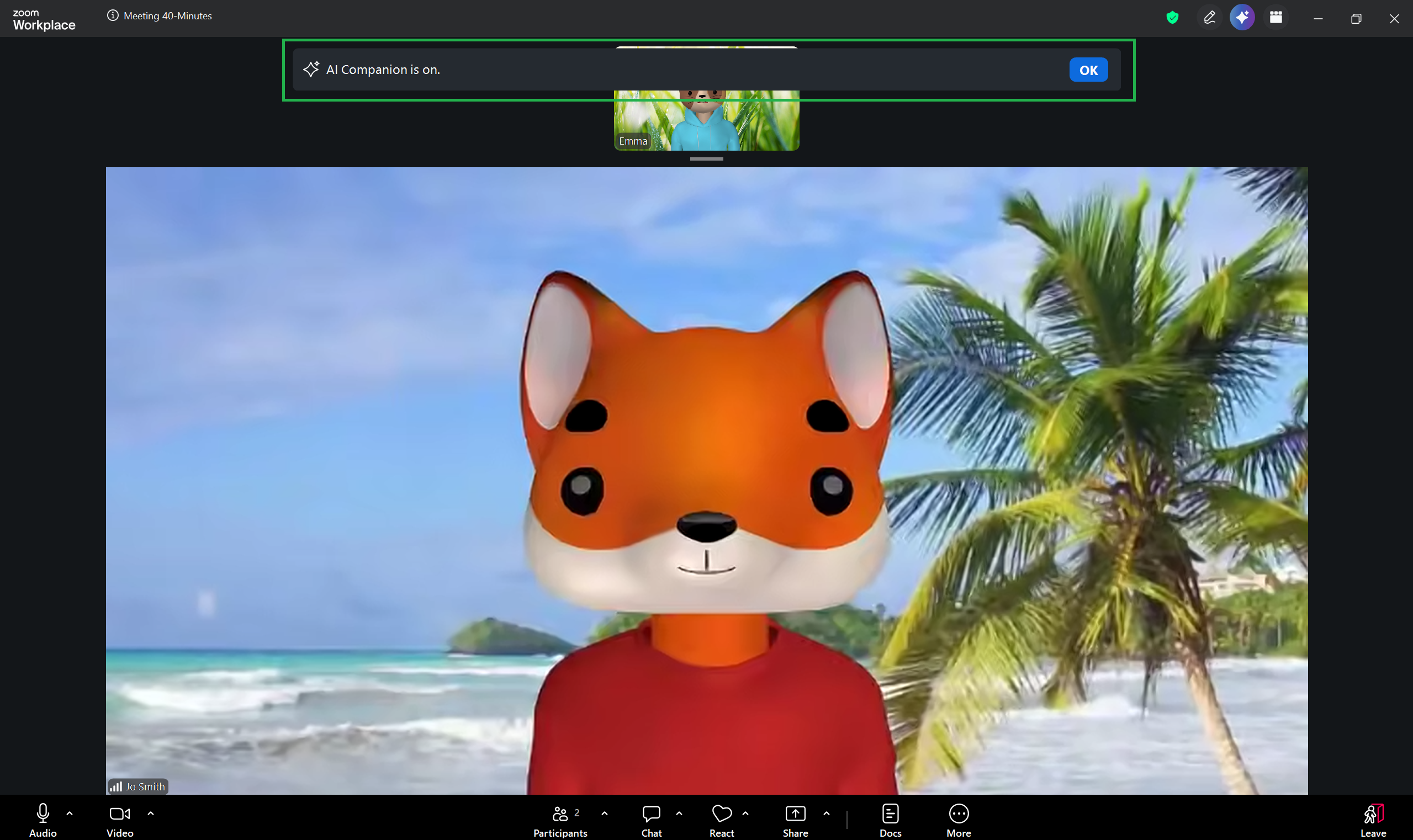 A screenshot of a Zoom meeting with a pop-up informing participants that the AI Companion is on. 
