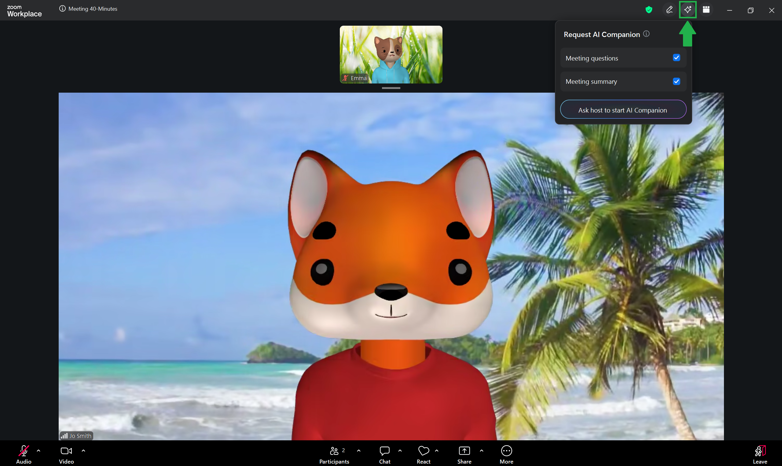 A screenshot of a Zoom meeting with the AI Companion Request menu open. 