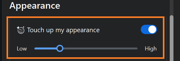 A screenshot of Zoom's 'Touch up my appearance' slider. 