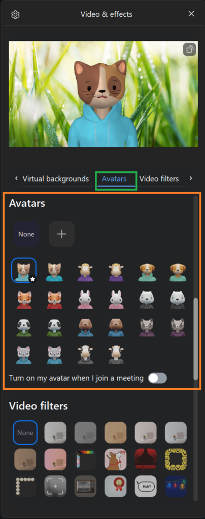 A screenshot of the Zoom meeting Avatars tab on the Video and effects menu.