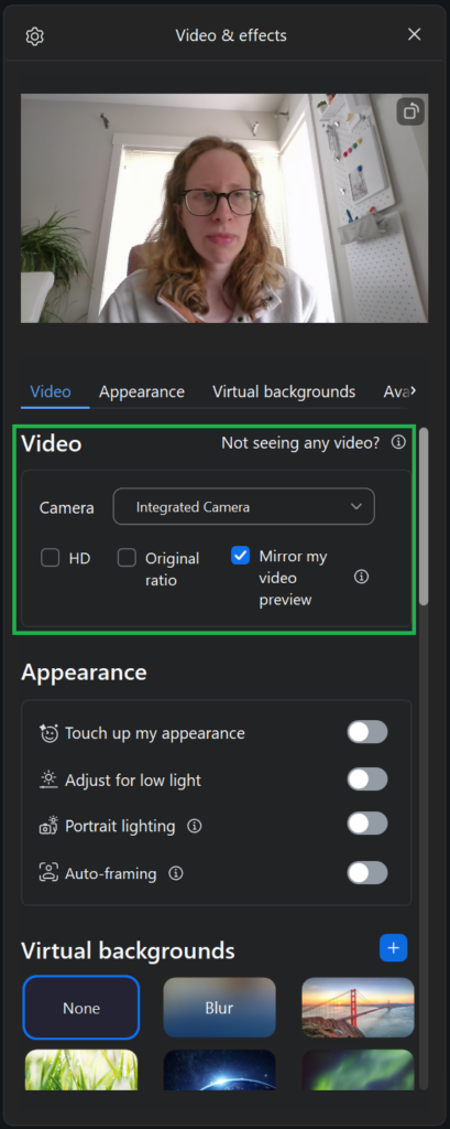 A screenshot of Zoom's Video options in the Video & effects menu. 