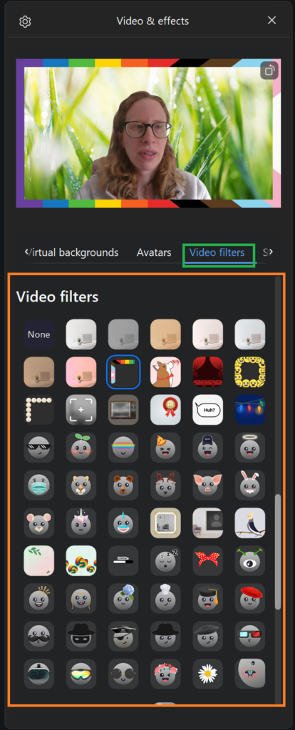 A screenshot of Zoom's Video filters menu. 