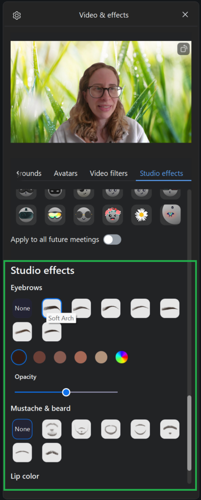 A screenshot of Zoom's Studio effects menu. 