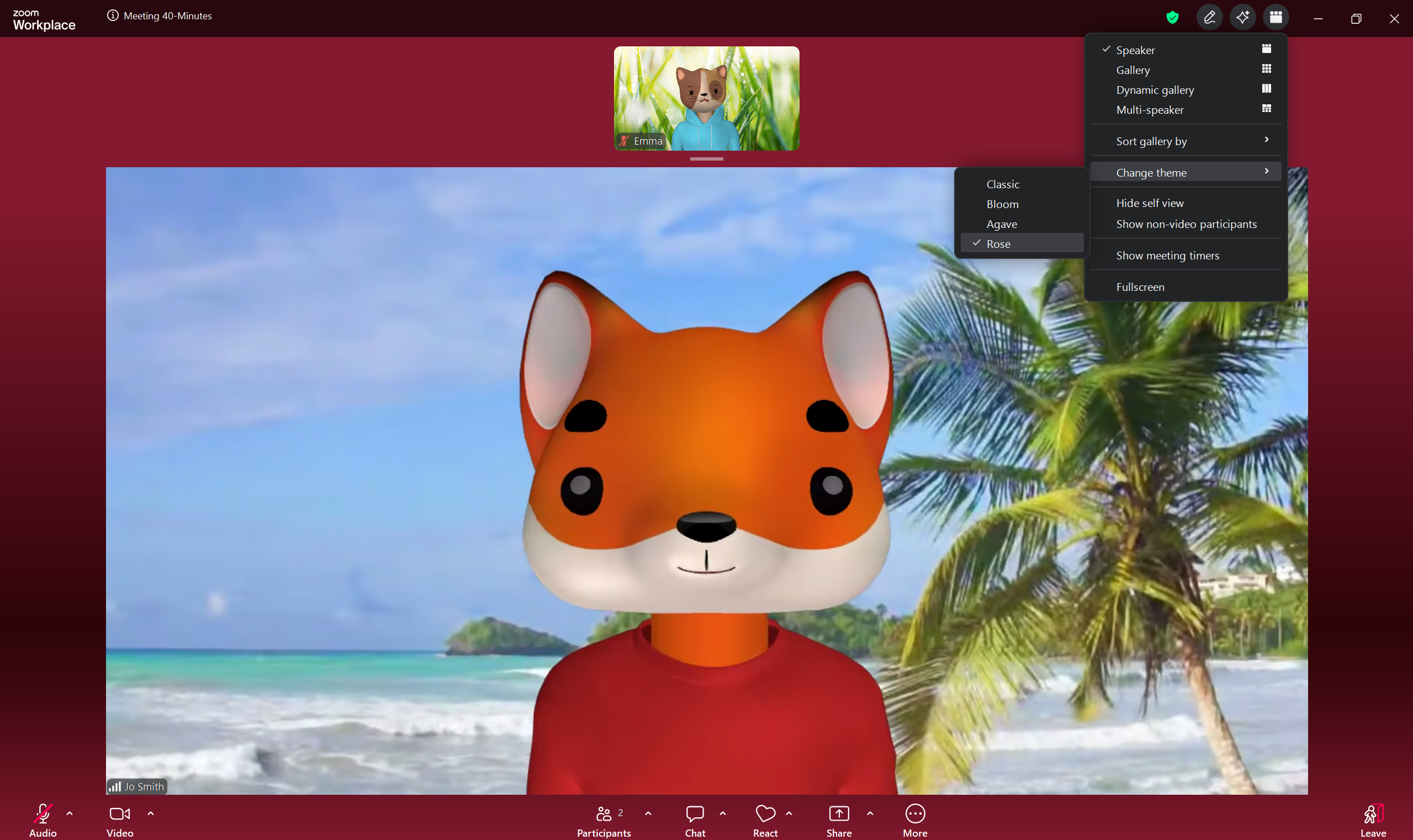 A screenshot of a Zoom meeting.  The 'Change Theme' options are displayed. 