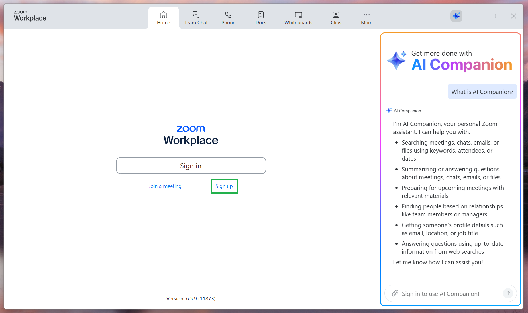 A screenshot of the Zoom sign-up process. The user is being asked to sign in or sign up. 
