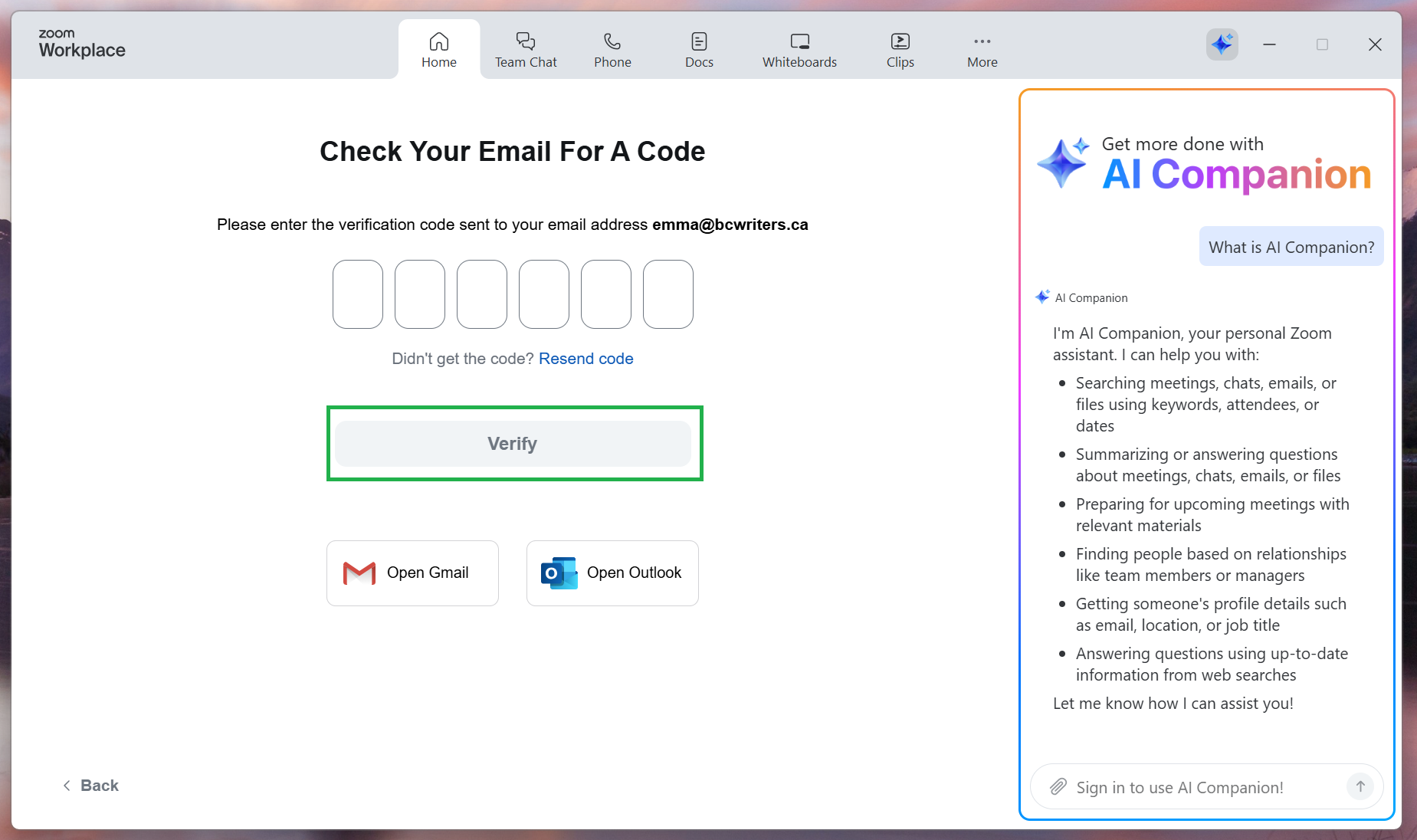 A screenshot of the Zoom sign-up process. The user is being asked to enter a verification code. 