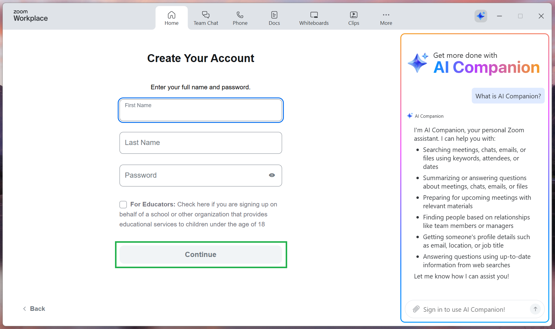 A screenshot of the Zoom sign-up process. The user is being asked to enter their name and create a password. 