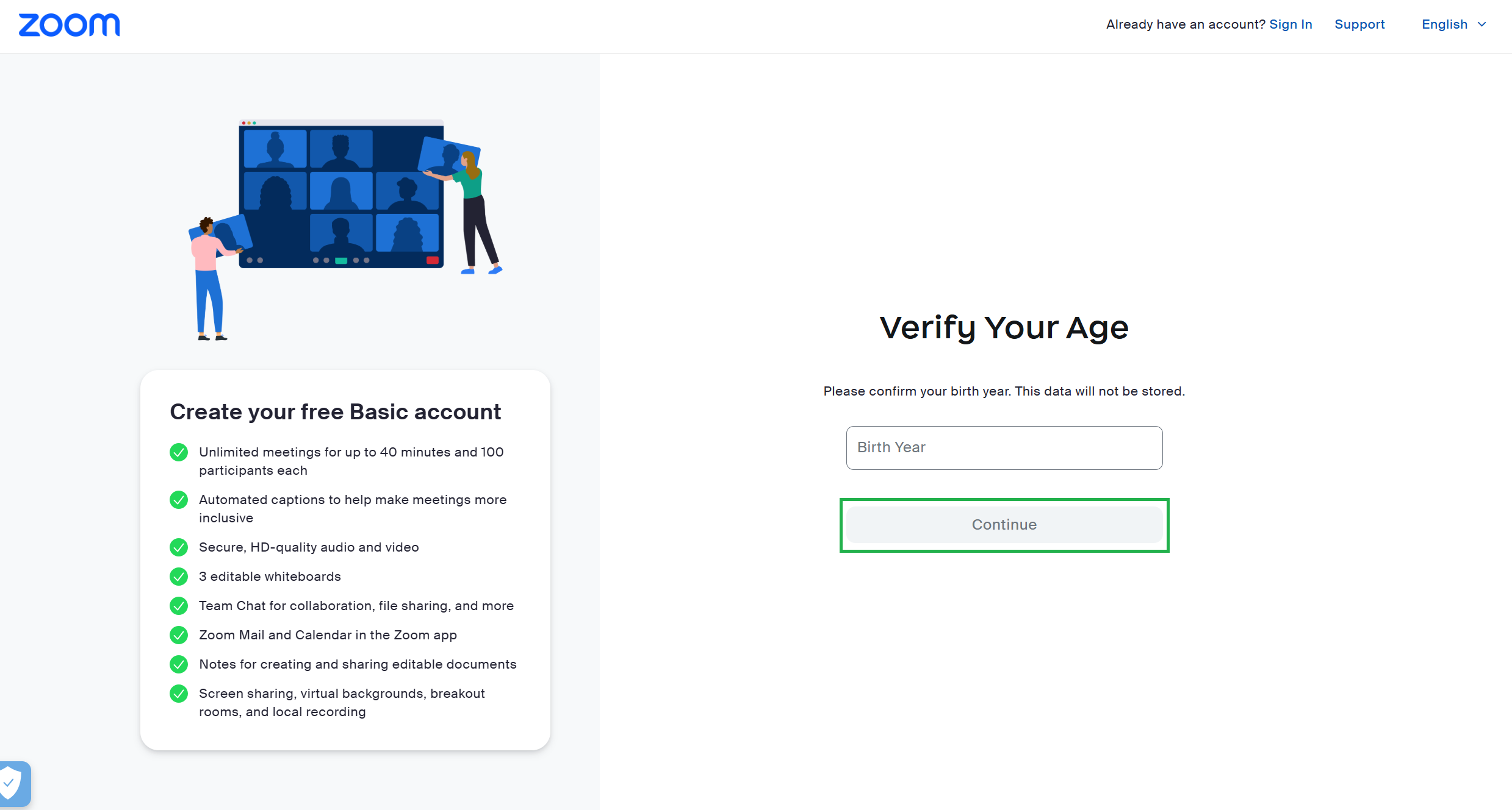 A screenshot of the Zoom sign-up process. The user is being asked to verify their age. 