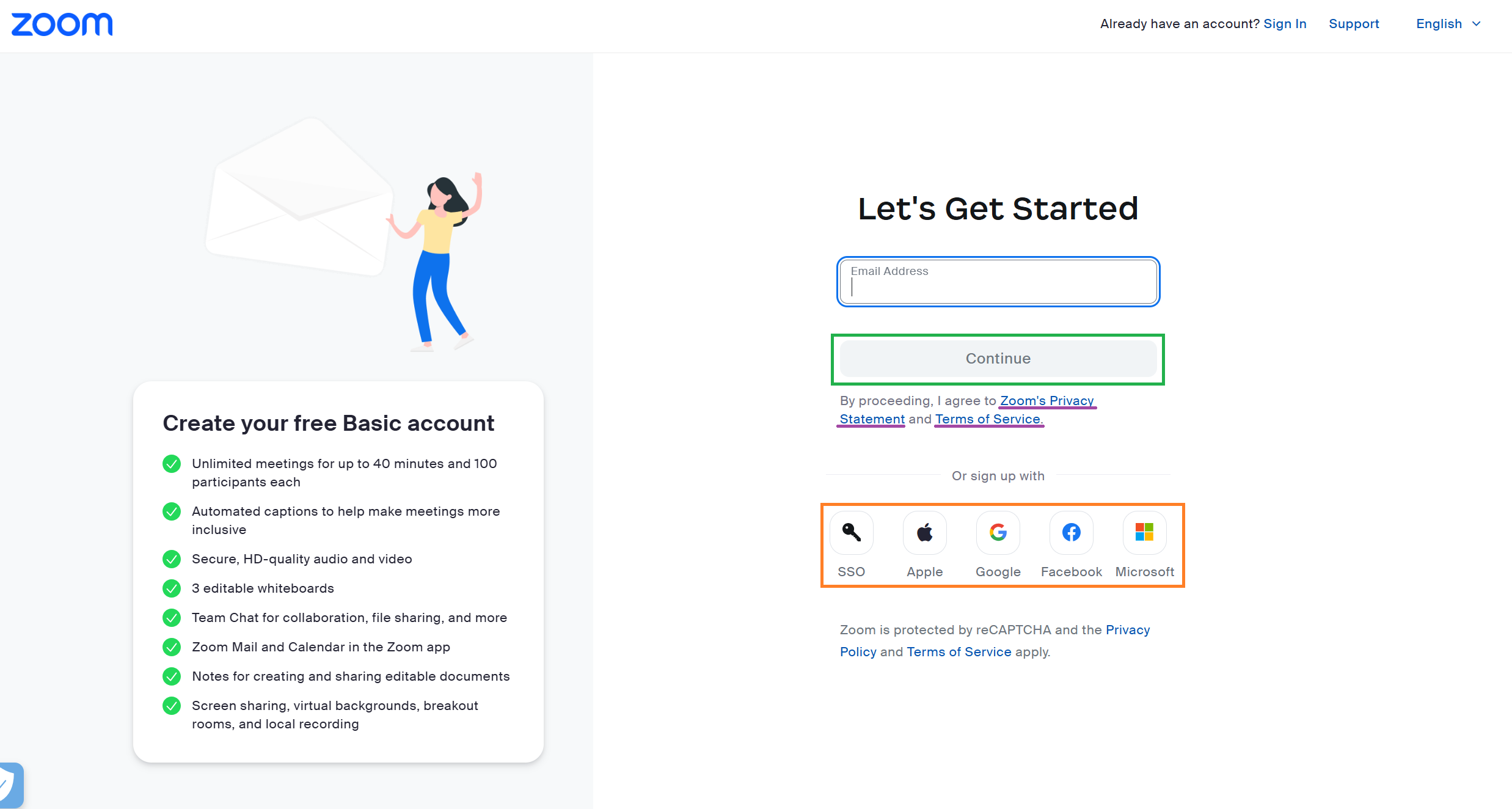 A screenshot of the Zoom sign-up process. The user is being asked to enter their email address, or sign in using an existing account. 