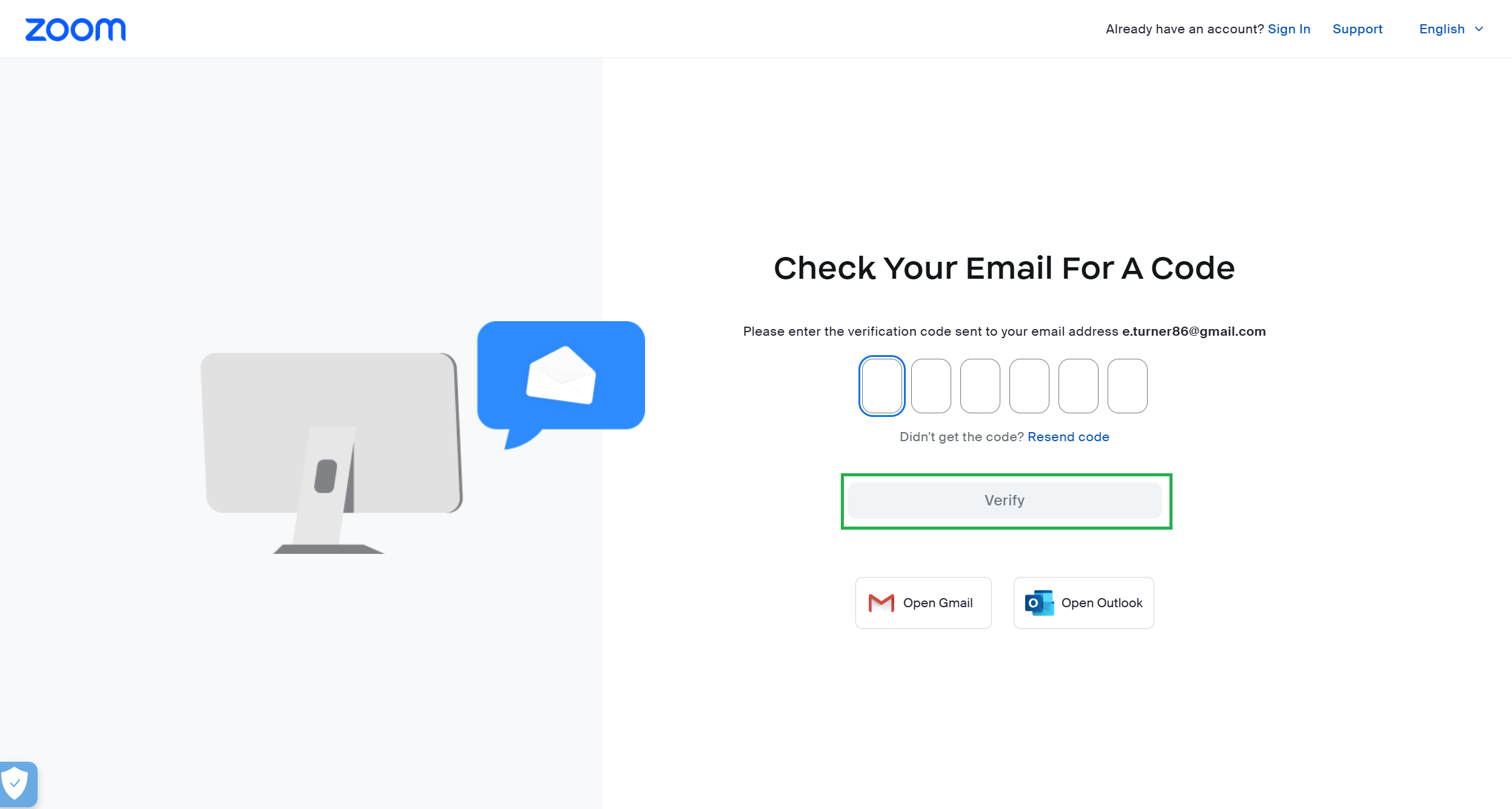 A screenshot of the Zoom sign-up process. The user is being asked to enter a verification code. 