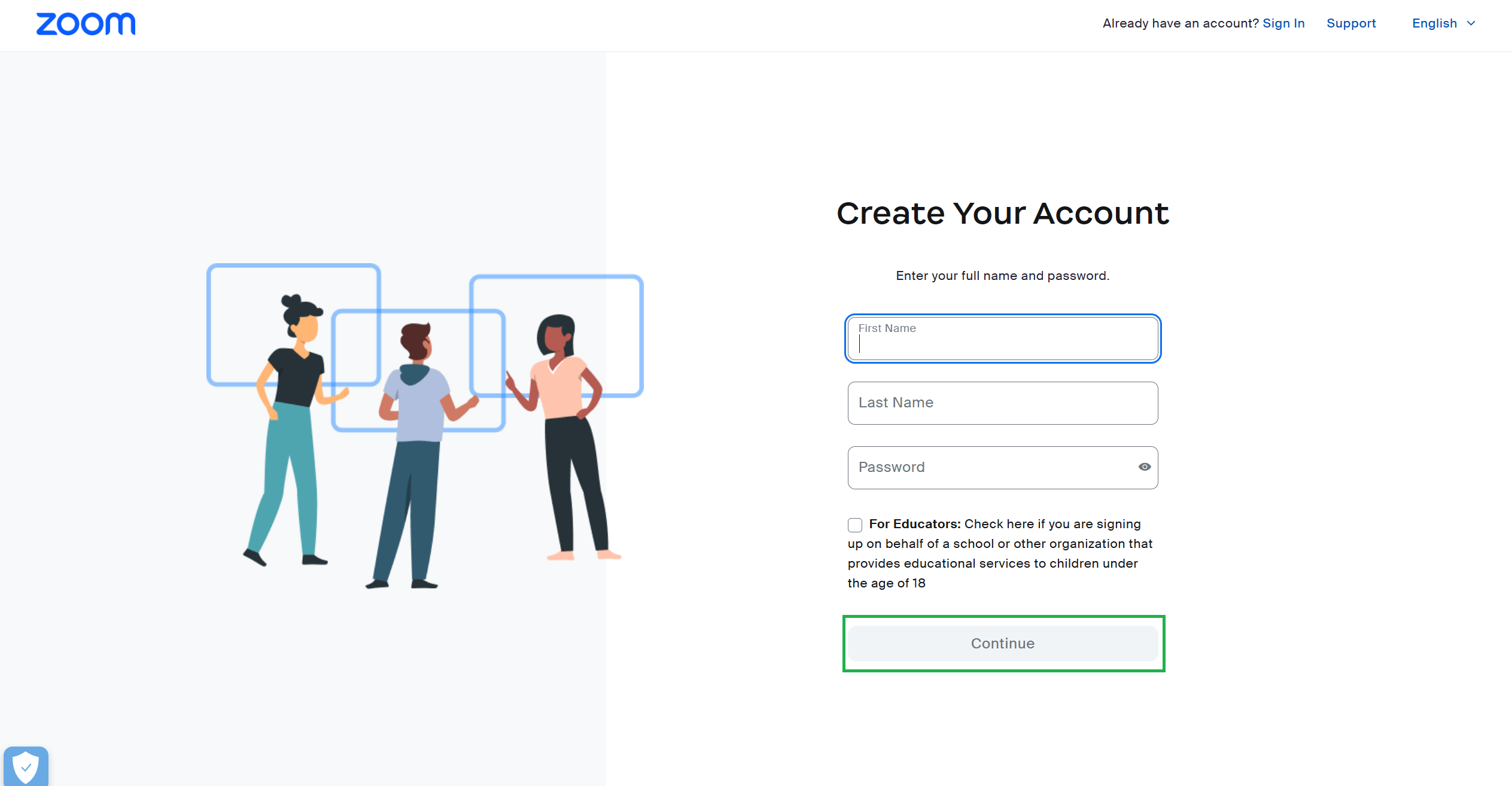 A screenshot of the Zoom sign-up process. The user is being asked to enter their name and create a password. 