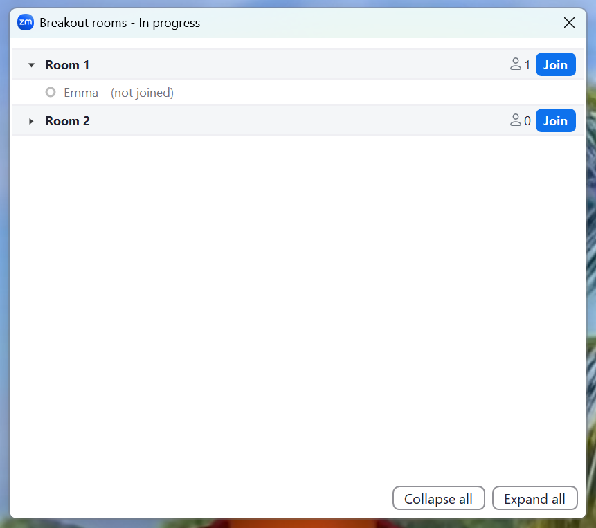 A screenshot of the Zoom meeting Breakout rooms menu. Two different breakout rooms are listed. 