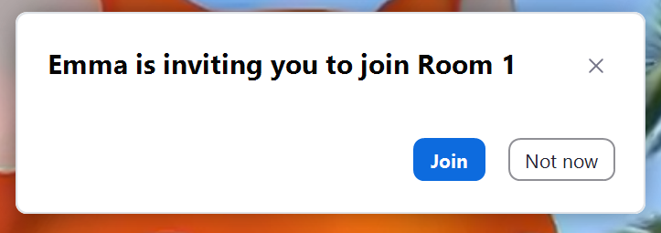 A screenshot of a Zoom meeting pop-up informing the participant that they have been invited to join Breakout Room 1. 
