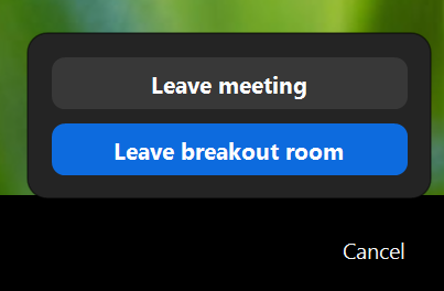 A screenshot of the pop up that appears after clicking the Leave icon. Participants can choose 'Leave meeting' or 'Leave breakout room'.