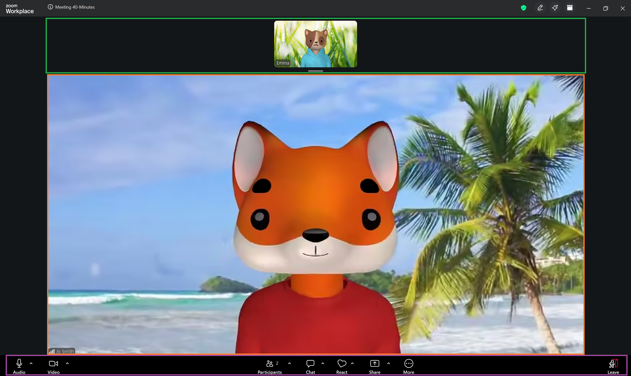 A screenshot of the Zoom meeting screen. Participant videos appear along the top. The main screen is of the current speaker. At the bottom is the Meeting Controls toolbar. 