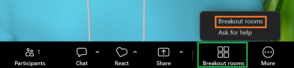 A screenshot of the Zoom Meeting Controls toolbar with a Breakout rooms icon. 