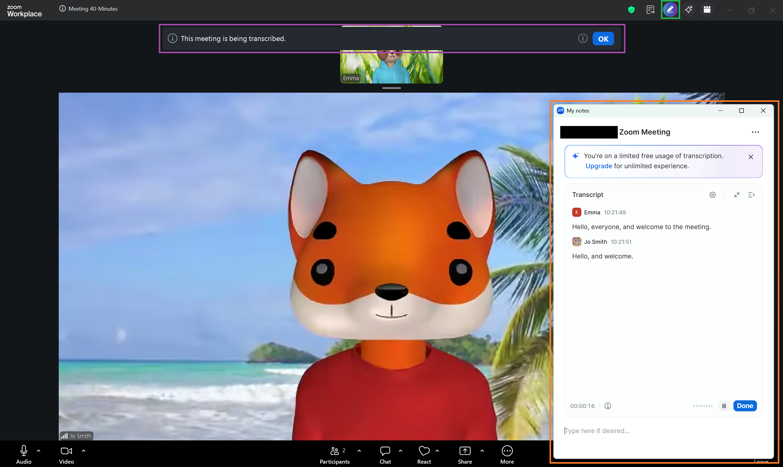 A screenshot of a Zoom meeting with the My notes menu open. 