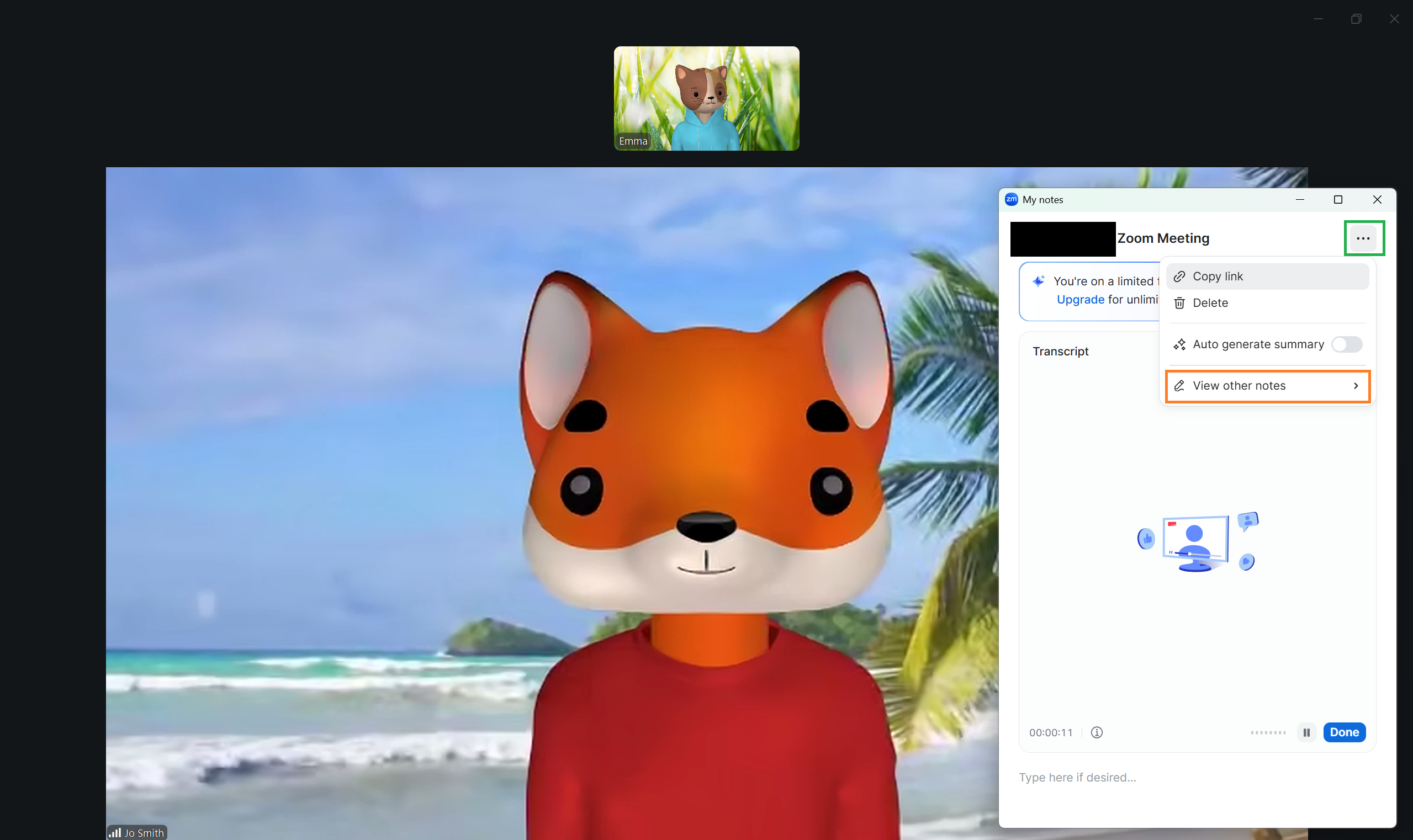 A screenshot of a Zoom meeting with the My notes menu open. 