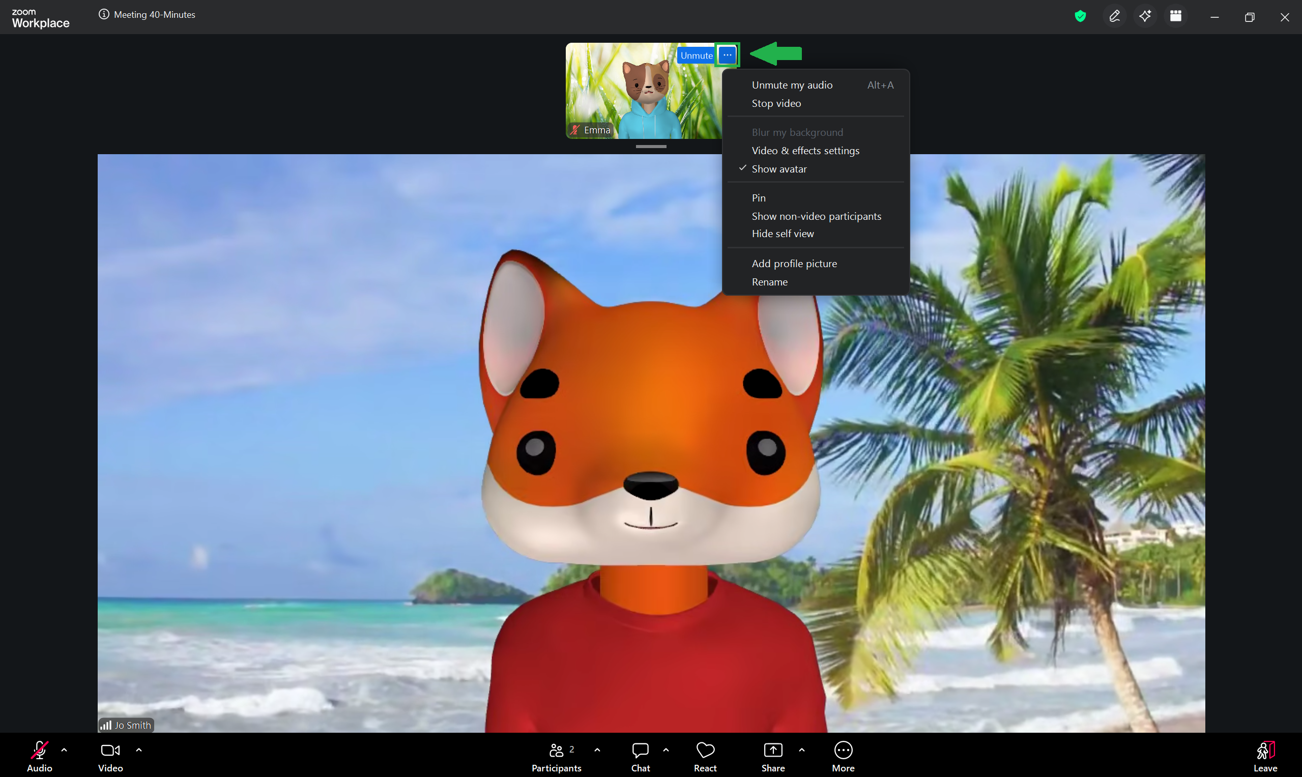 A screenshot of a Zoom meeting screen. A menu is open. 