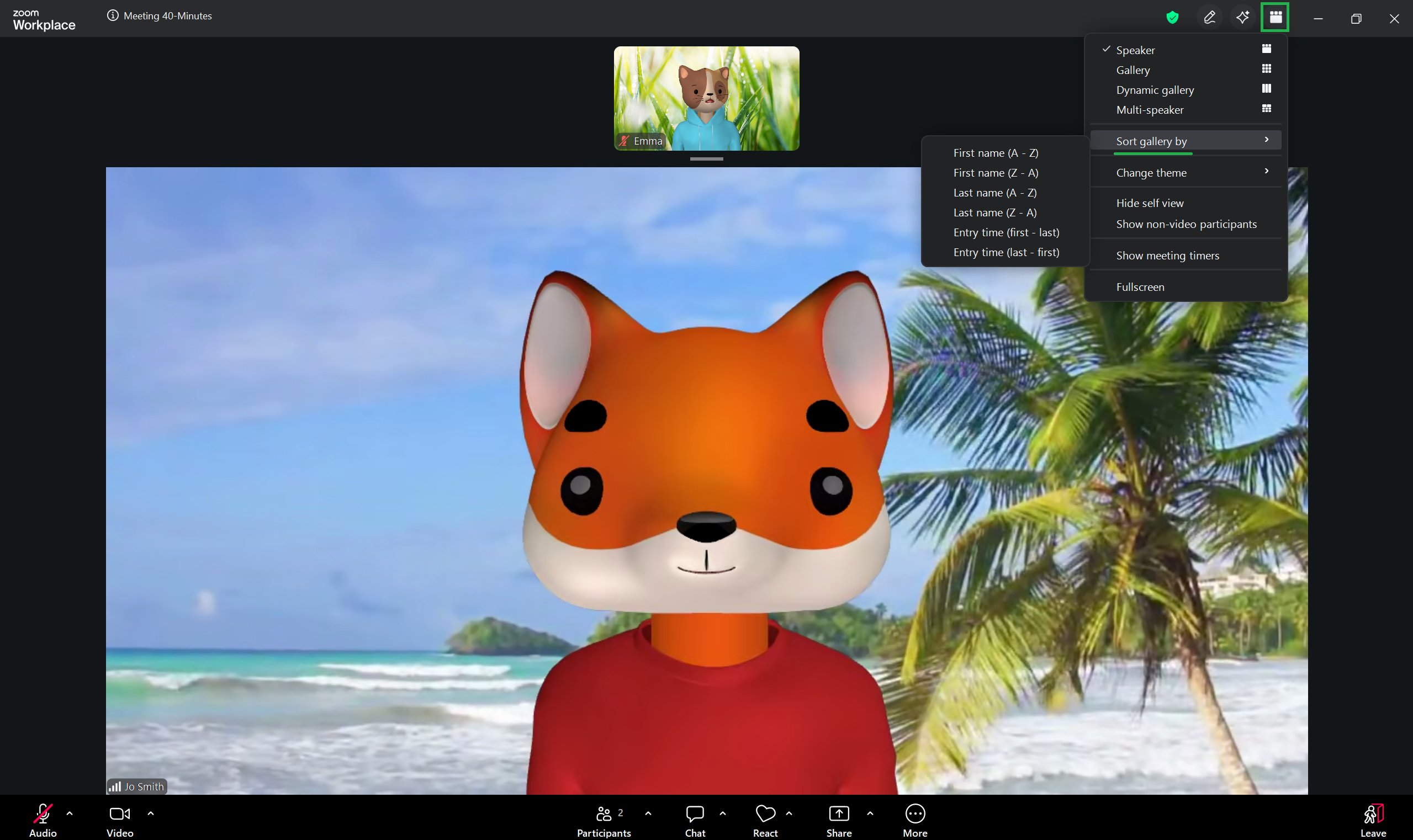 A screenshot of a Zoom meeting. The 'Sort Gallery by' options are displayed. 