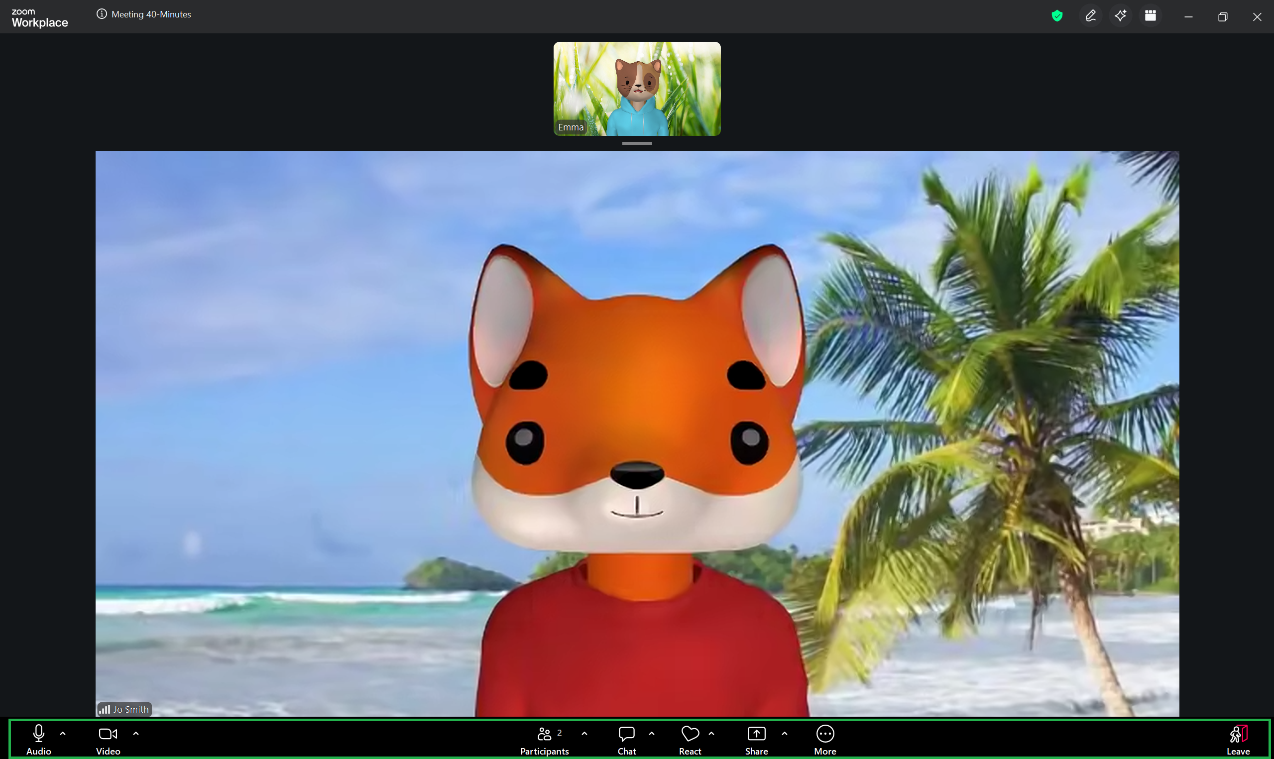 A screenshot of the Zoom meeting screen. The Meetings Control Toolbar is along the bottom of the screen. 