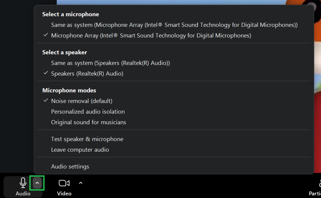 A screenshot from a Zoom meeting audio menu. 