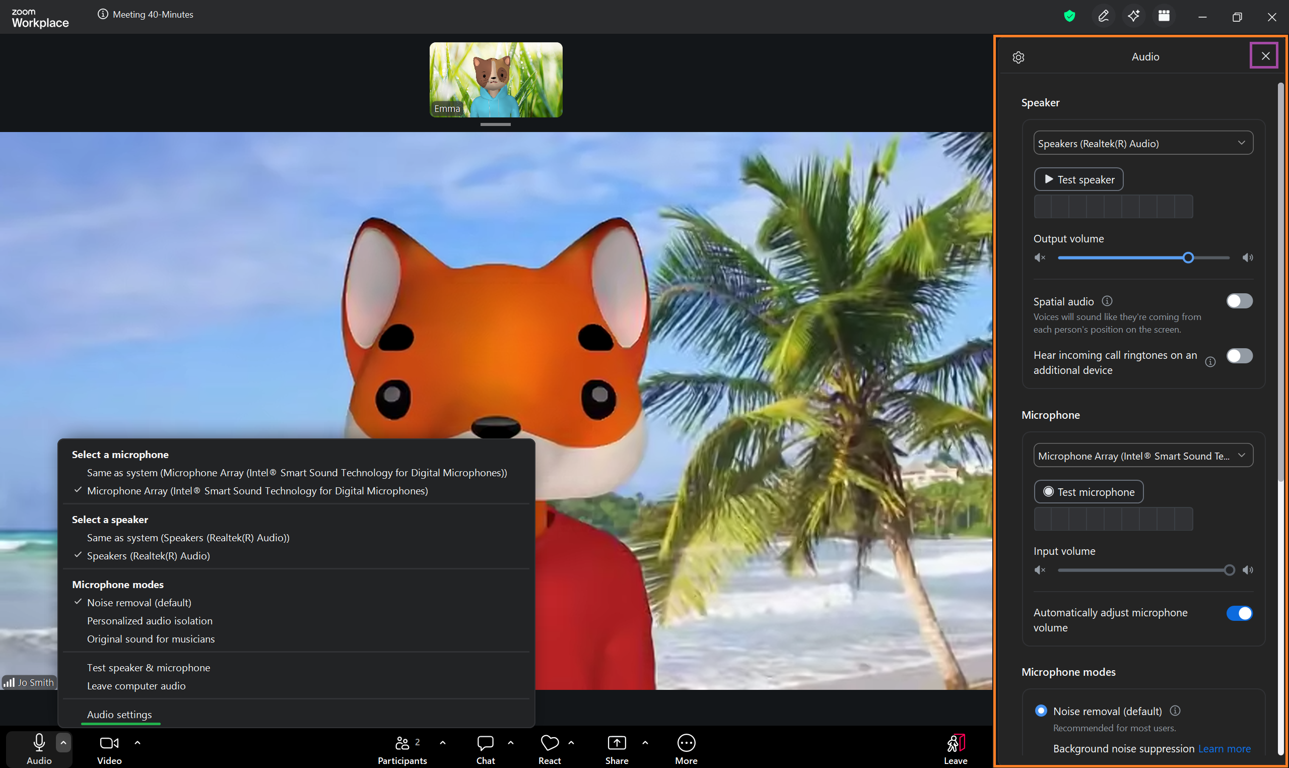 A screenshot of  a Zoom meeting with an audio menu open along the right side of the screen. 
