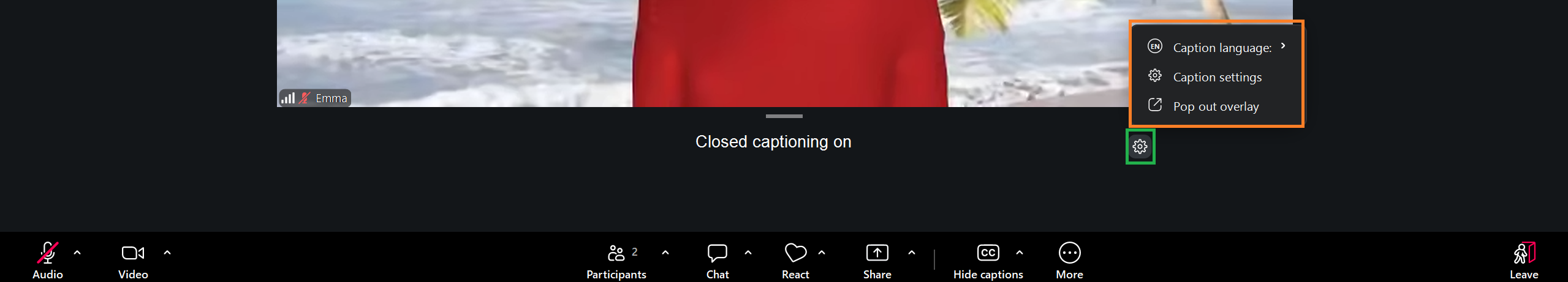 A screenshot of the Zoom meeting Captions settings menu. 