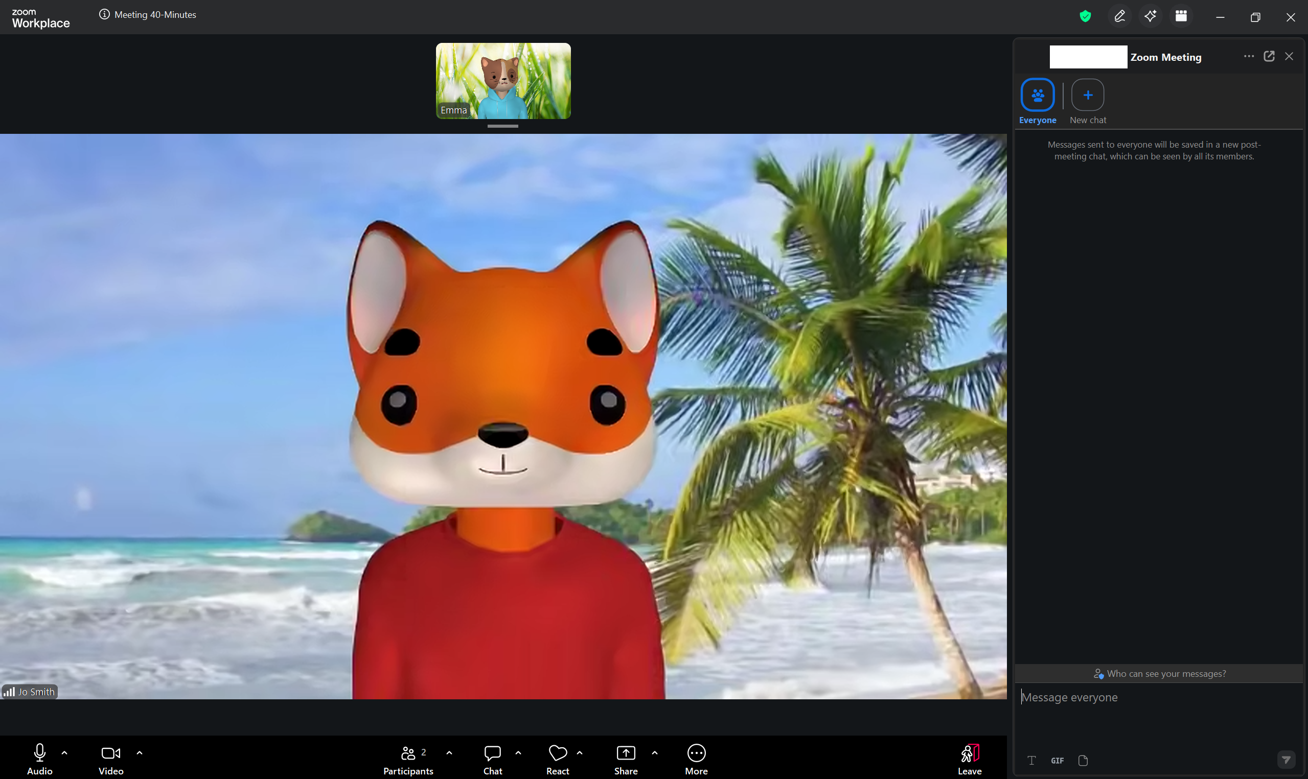 A screenshot of a Zoom meeting with the Chat menu open on the right side of the screen. 