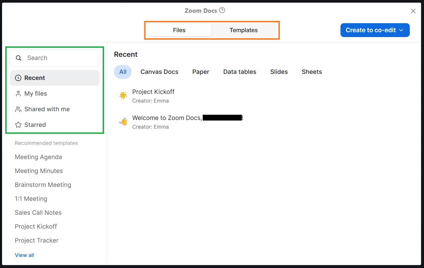 A screenshot of the Zoom meeting Docs menu.